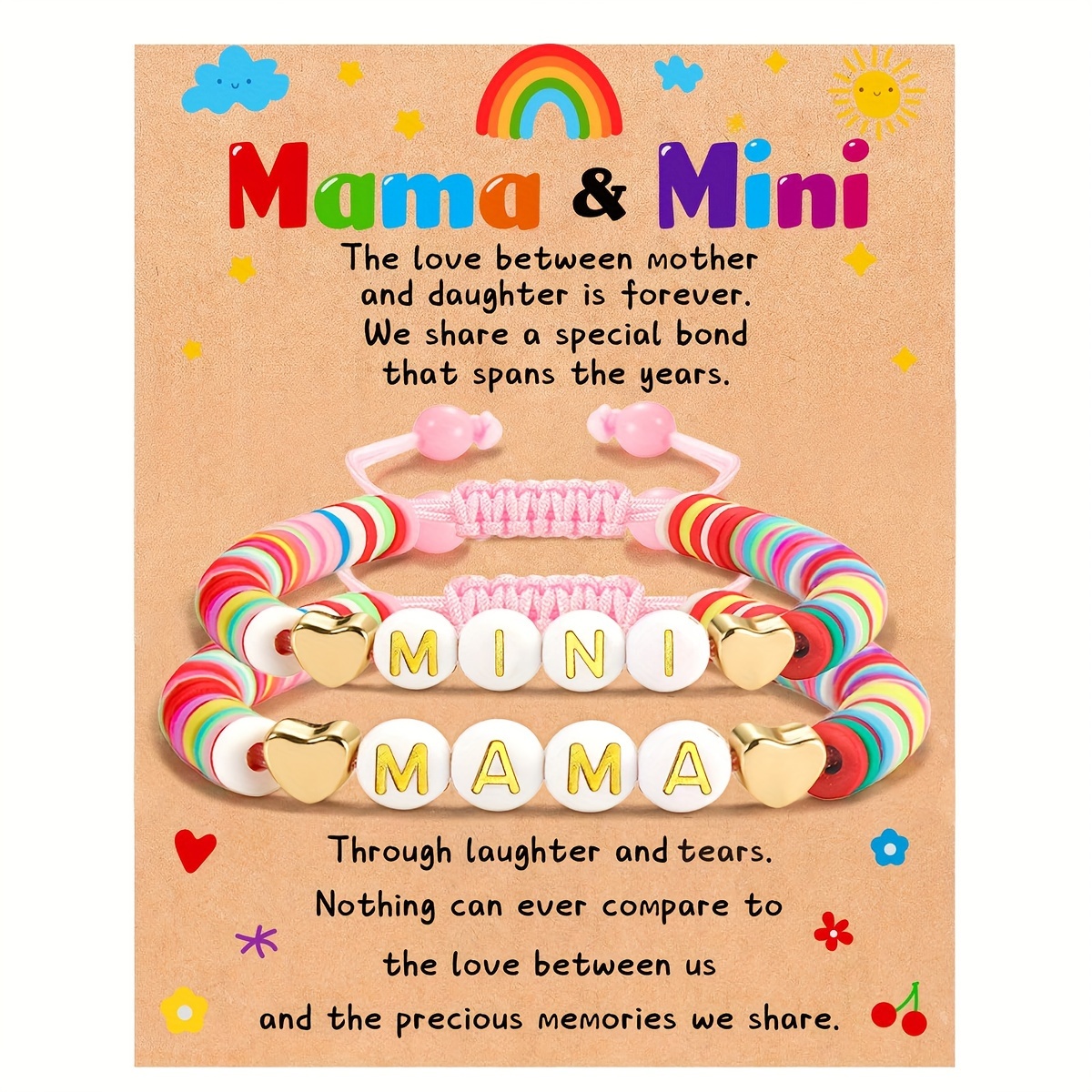 

2-piece Set Bohemian Style "mama & Mini" Matching Bracelets With Heart Charms Trendy Female Mother's Day Gift With Blessing Card