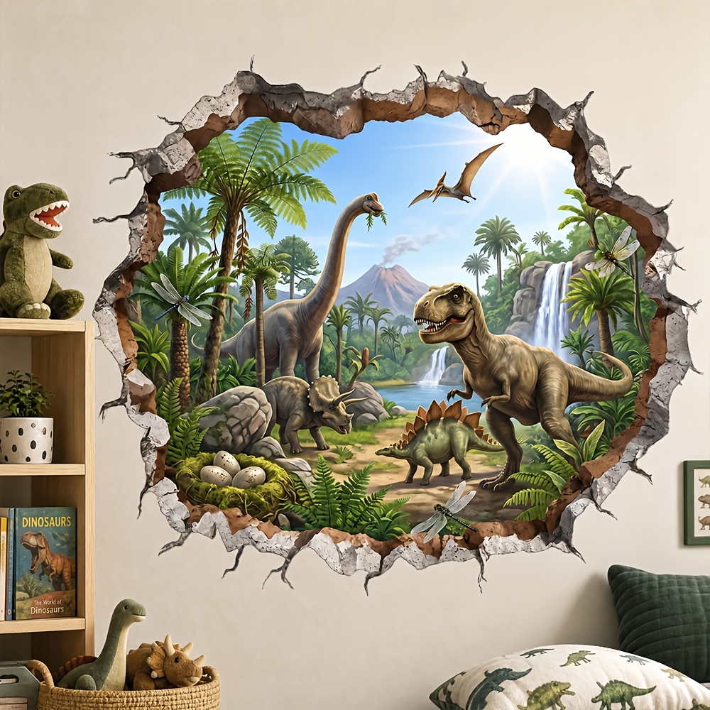 TEMU 1pc Autocollant Mural Dinosaure 2D Plat avec Trou, Papier PVC Amovible Auto-Adhésif, Tyrannosaure Rex Tricératops Dinosaure Jungle Préhistorique