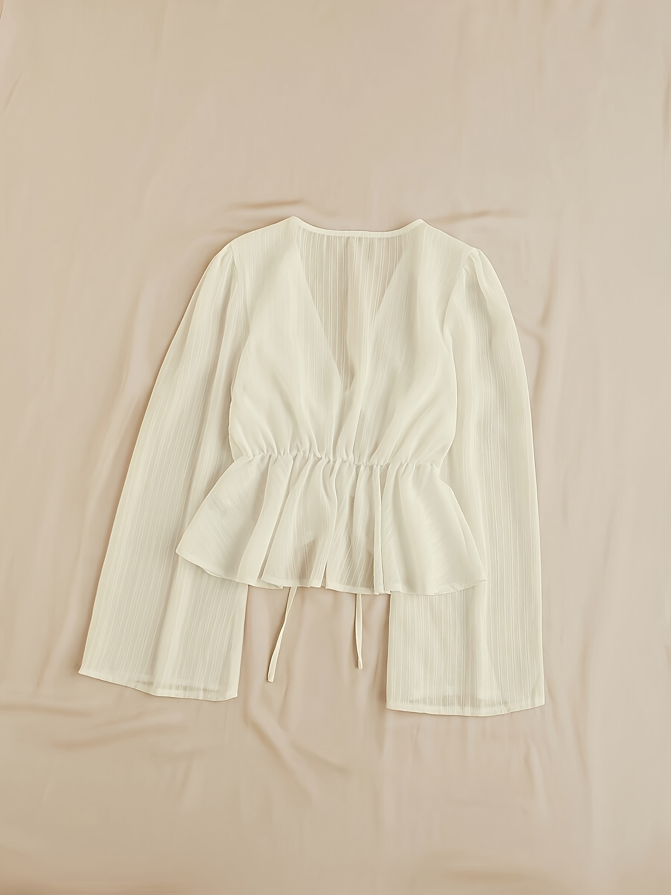 Elegant V-Neck Tie-Waist Blouse with Ruffled Sleeves and Lace Detail - Light Blue, Perfect for Spring/Summer, Adult Women'S Clothing, Casual Attire|Ruffled Sleeve Top|Lace Detail Top, Ladies Blouses