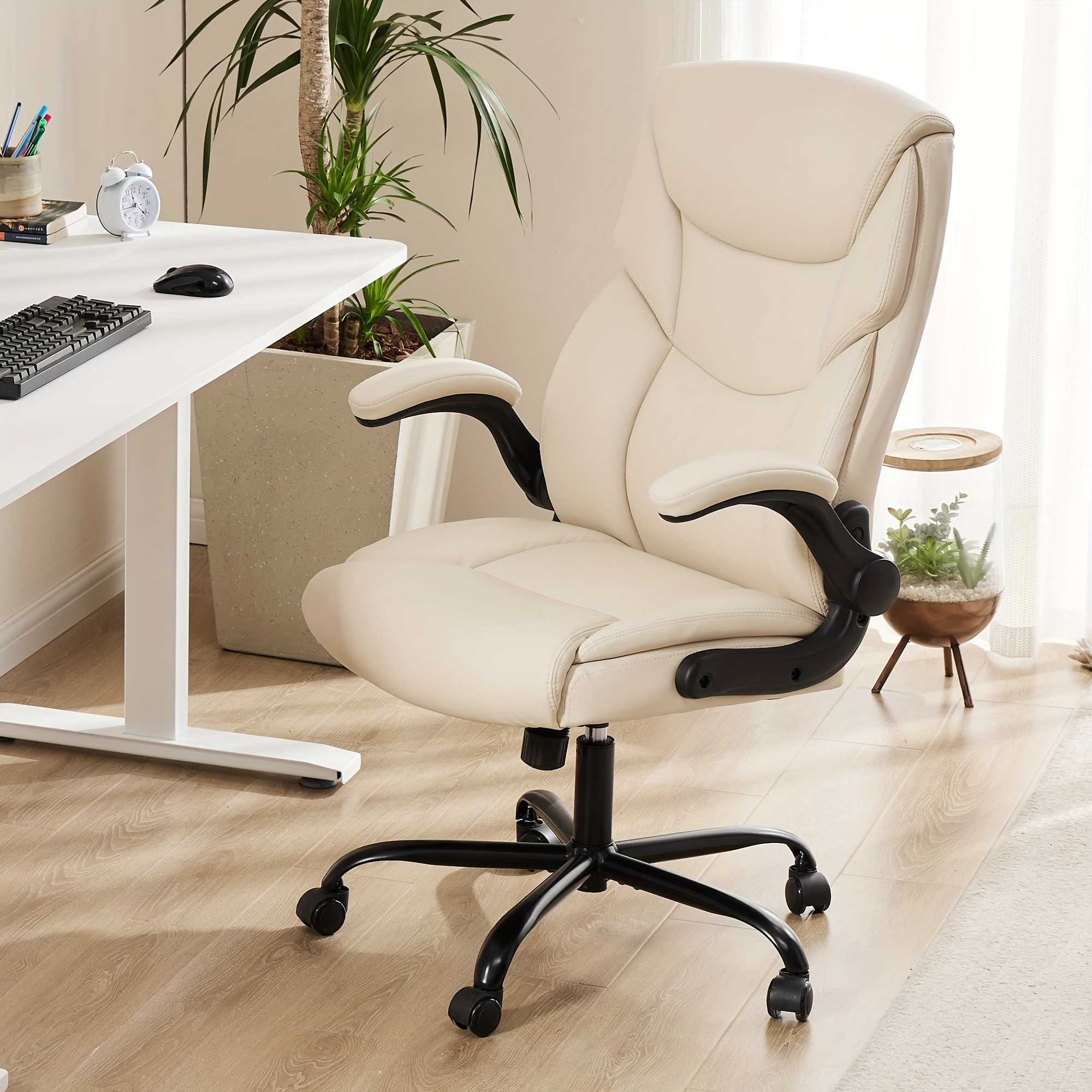 

High Back Computer Task Chair, Ergonomic Pu Leather Executive Chair With Swivel Seat Flip Lumbar Support, Adjustable Armrest, White