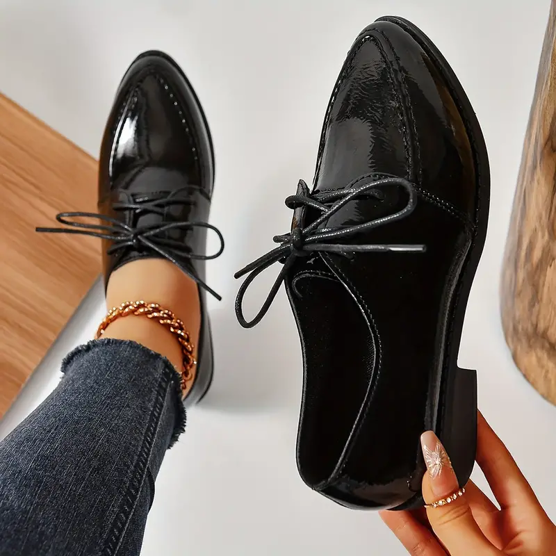 womens solid color chunky heel oxfords fashion lace up point toe dress shoes versatile and comfortable student uniform shoes details 2