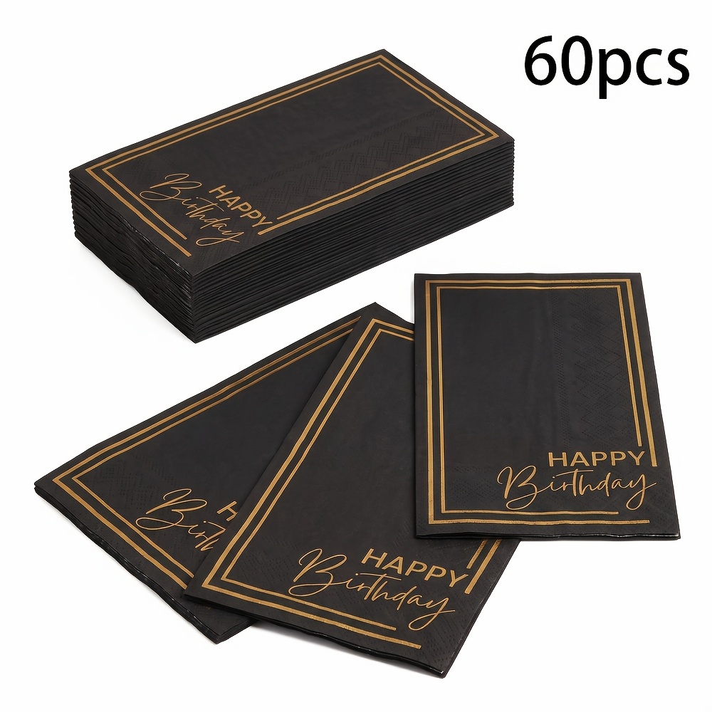 TEMU Lot de 40/60 serviettes en papier rectangulaires noires et dorées " Anniversaire", 2 épaisseurs avec bordure à double ligne dorée et imprimé de