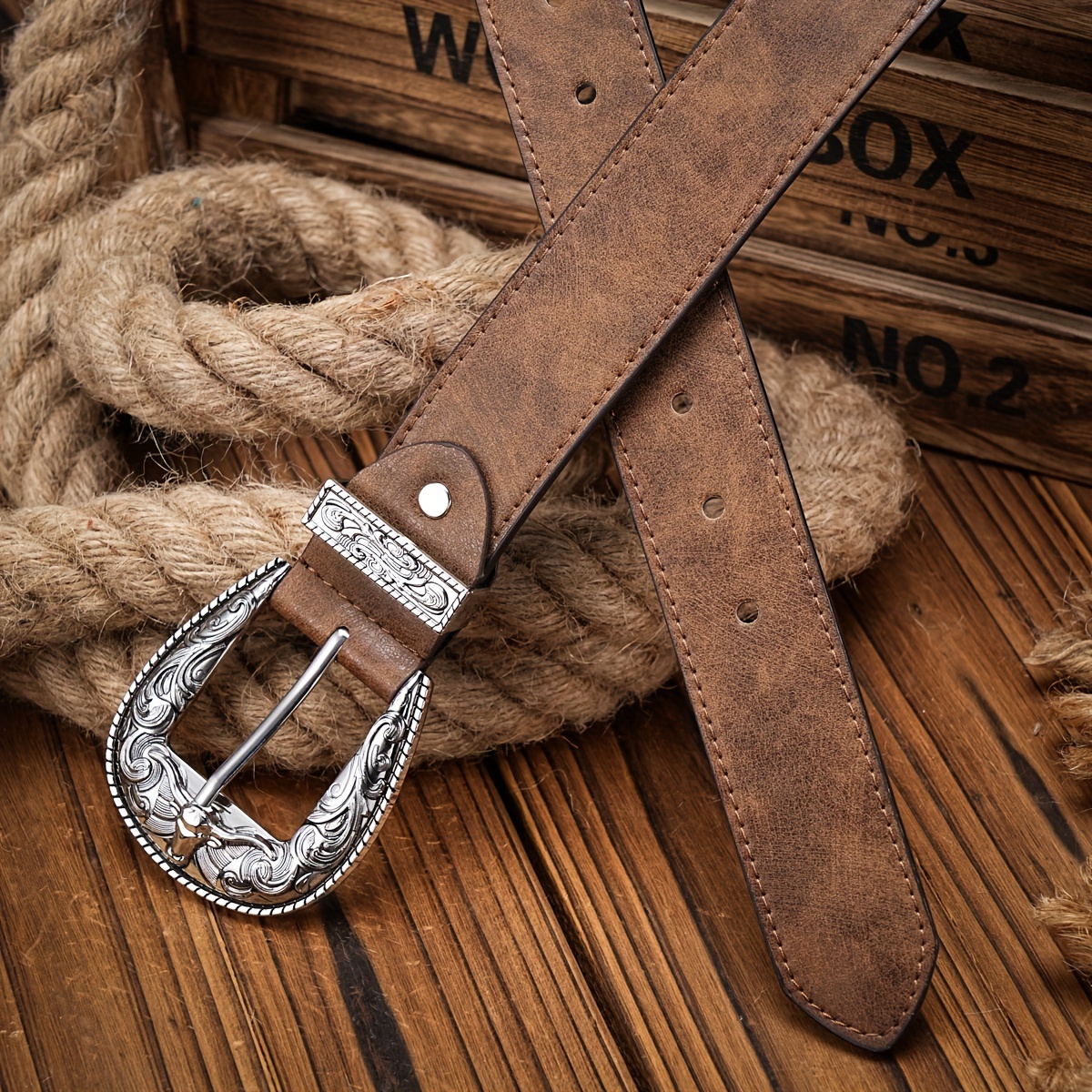 Image of Men And Women Western Cowboy Faux Leather Belts - Vintage Floral Engraved Belt For Jeans