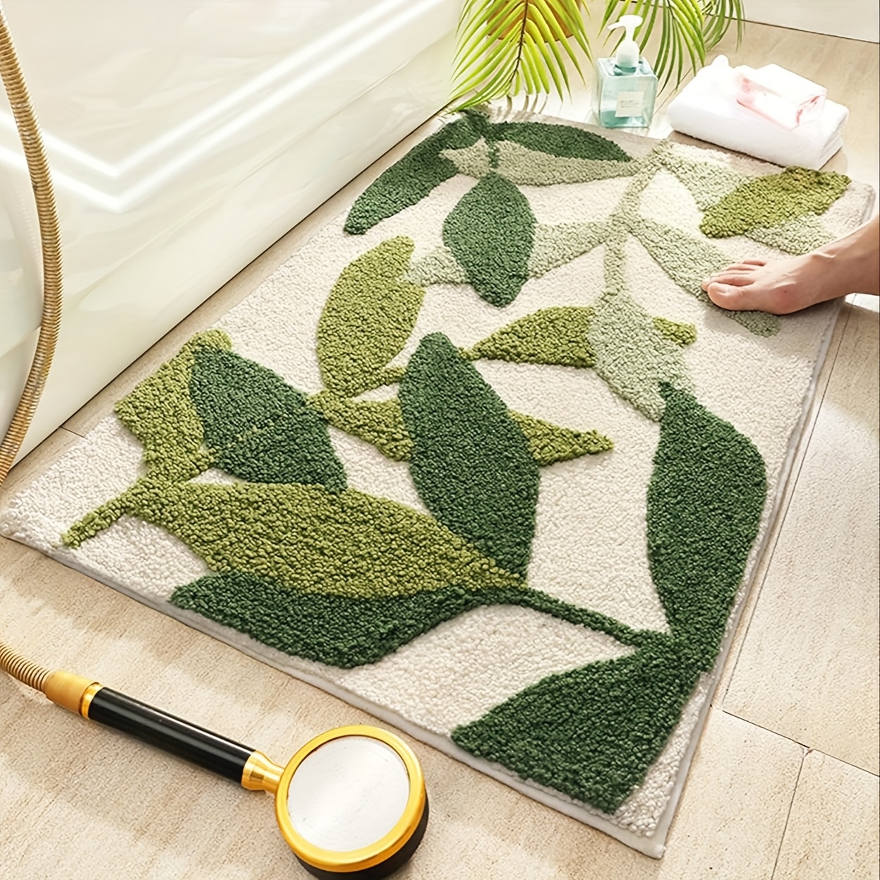 Image of Green Plant Bathroom Rug, Non-slip Strong Water Absorbent Plush Microfiber Bath Mat, Machine Washable Small Bathroom Floor Mat Shower Rug Cute Leaves Bathmat Indoor Doormat