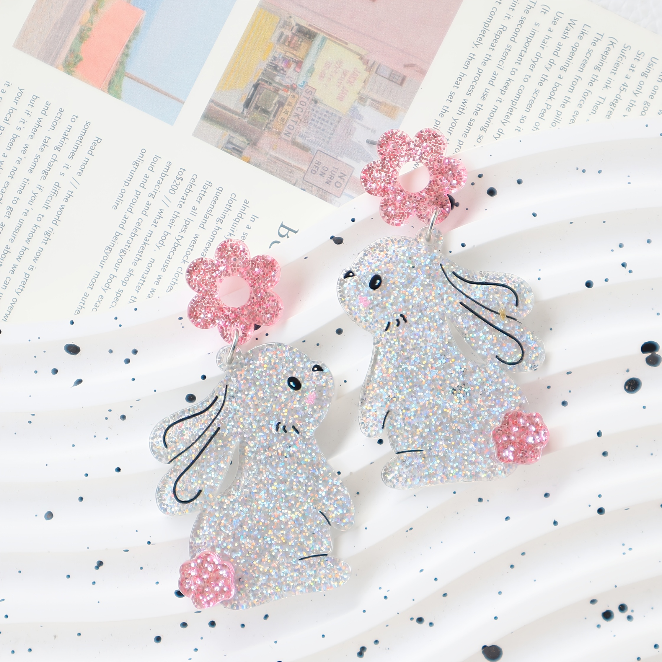 

A Pair Of Cute Easter Acrylic Bunny Earrings With Bling Flowers And Funny .