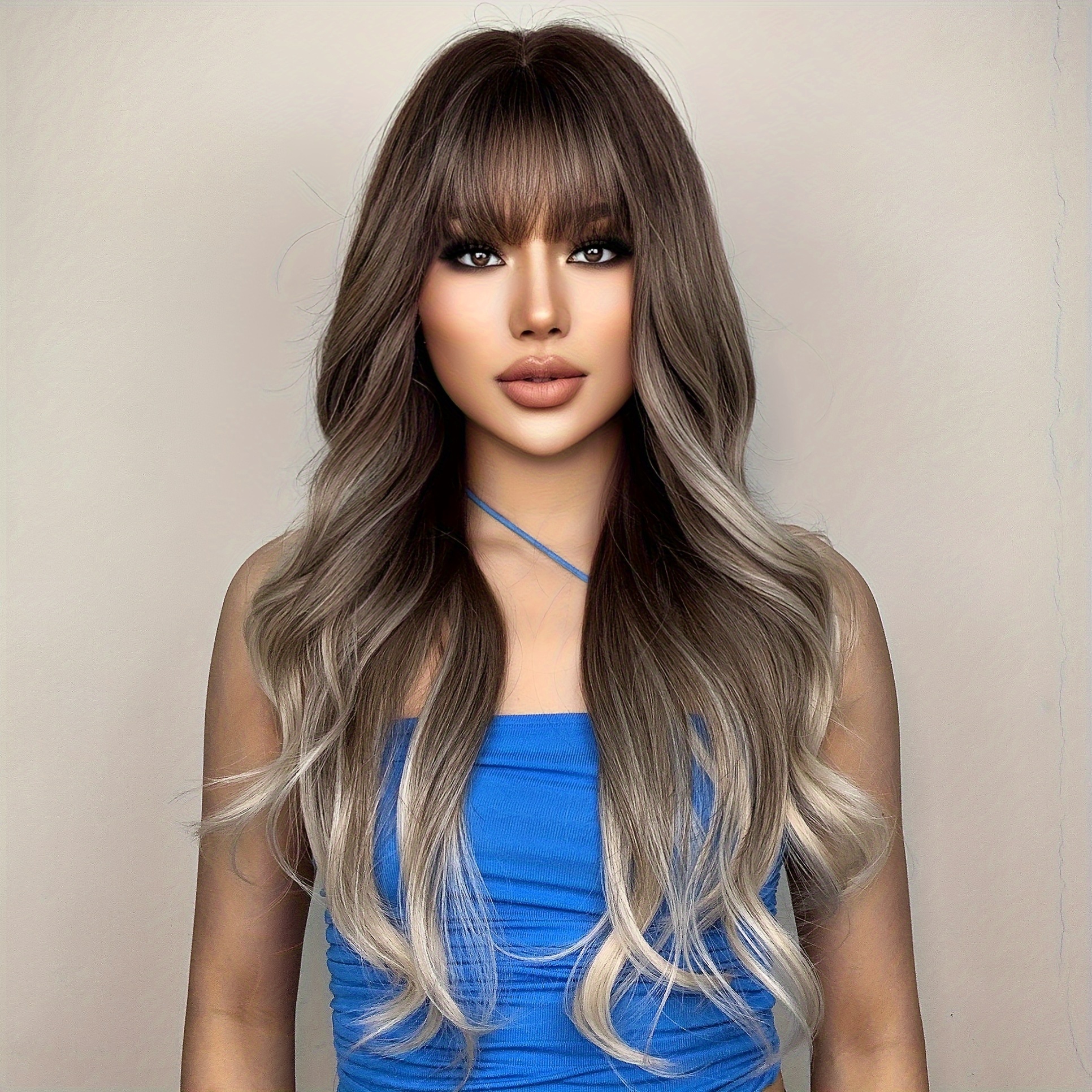 

Ash Blonde Wigs With Bangs Ombre Brown Blonde Wigs For Women, Glueless Ombre Wavy Wig, Long Hair Synthetic Wig 22 Inch Eal-138