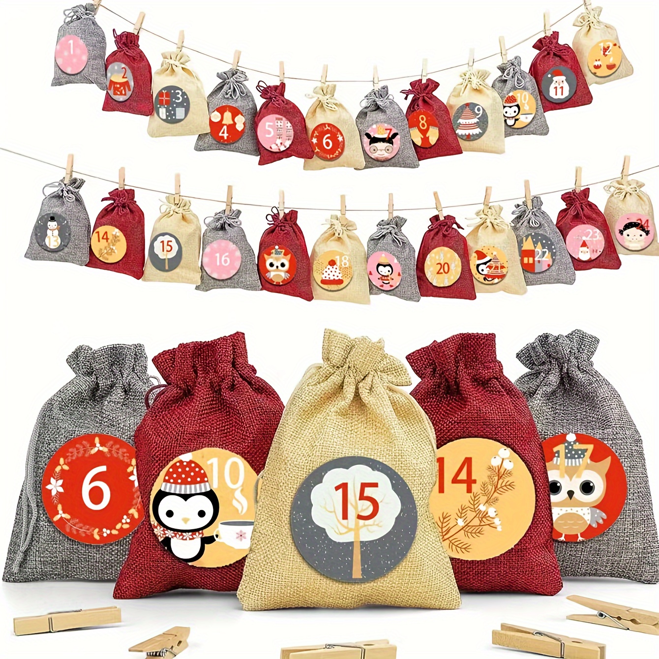 

24pcs Advent Calendar Gift Bags Set, Polyester Drawstring Burlap Pouches, With Countdown Numbers 1-24, For Diy Christmas & New Year Holiday Decorations, No Electricity Needed