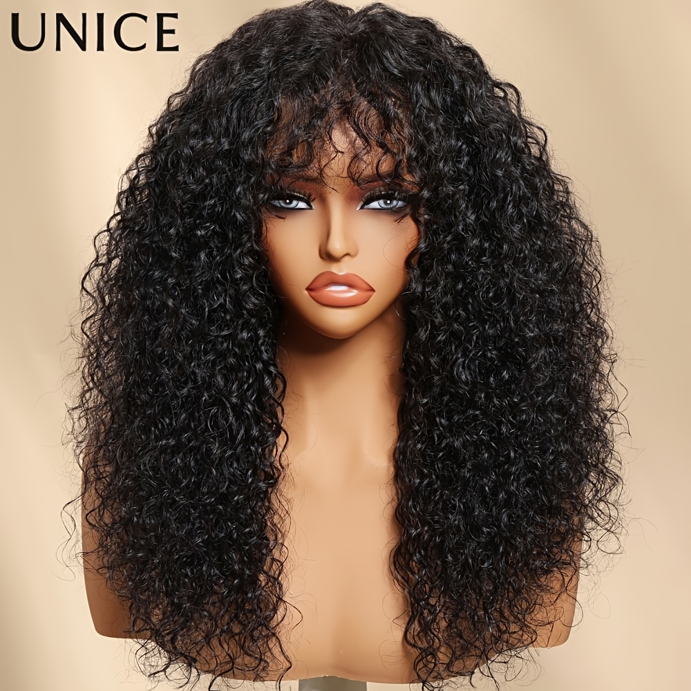 Image of Unice Glueless Shaggy Curly Wig Suitable For - Human Hair Natural Black Wig With Pre-cut Bangs & 4x1 Lace Front, Beginner-friendly Lace Part Wig For Men &, Drawstring Closure, Hairstyle