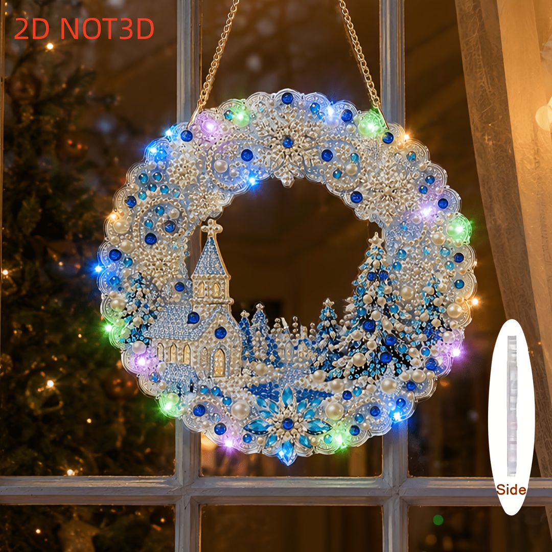 TEMU 2d Flat Printing Snowy Church Pendant Set Adult Winter Snowflake Diamond Painting Pendant Set Decor, Special Shape Rhinestone Window Pendant Set