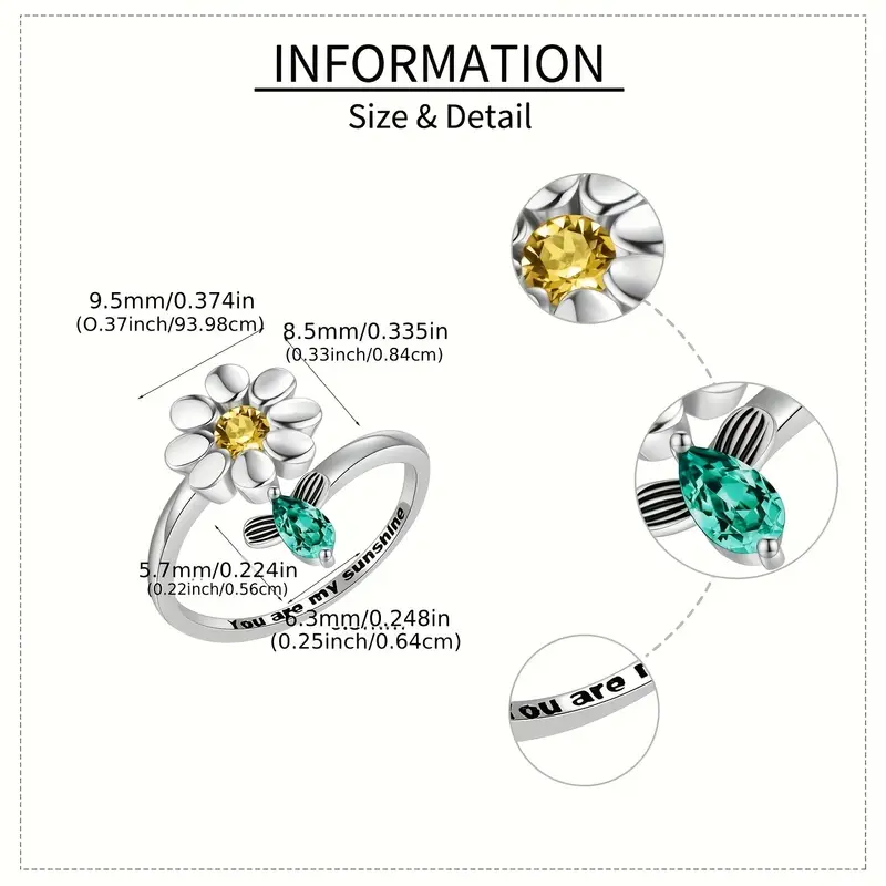 1pc pressure relieving copper micro inlaid rotating sunflower bee index finger ring festival gift for teenager Product details 0