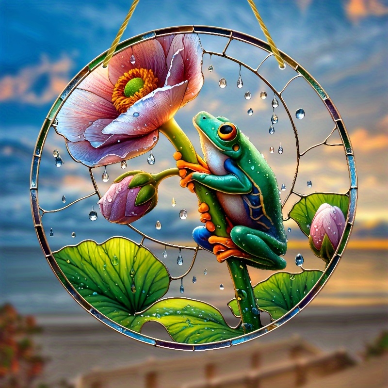 

Frog & Flower Sun Catcher - 8"x8" Acrylic Stained Glass Window Hanging, Perfect For Garden, Porch, Bedroom Decor | Ideal Gift For Friends & Family