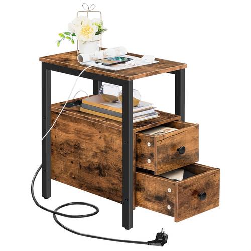 side table with charging station sofa table with 2 drawers and usb port and socket bedside table for small spaces stable and for living room bedroom dark brown