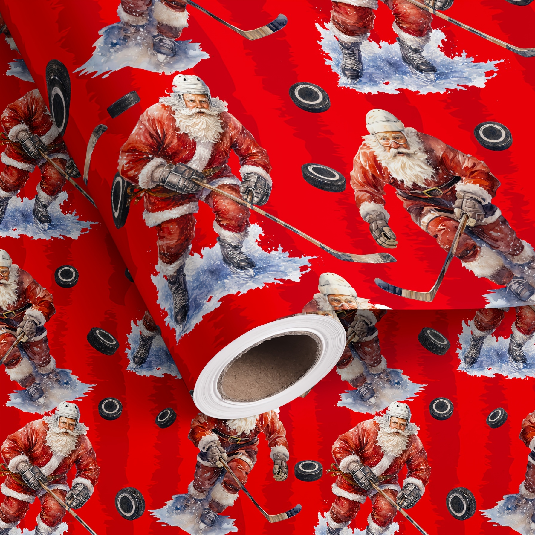 TEMU 1 Rouleau de Rouge de Noël Père Noël au Hockey - Motif Père Noël Jouant au Hockey, de Neige, Boîte Cadeau, Houx - Emballage Cadeau pour Noël,