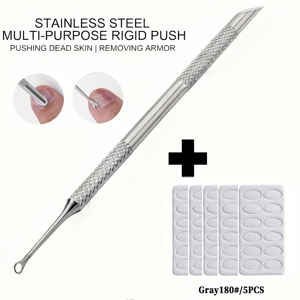 Image of 6pcs Set Double-ended Steel Pusher + 5 Replaceable Sandpaper Files, Manicure And Pedicure Beveled Circle Steel Pusher Double-ended Cuticle Remover Nail Tool Pre-sand File Manicure Tool
