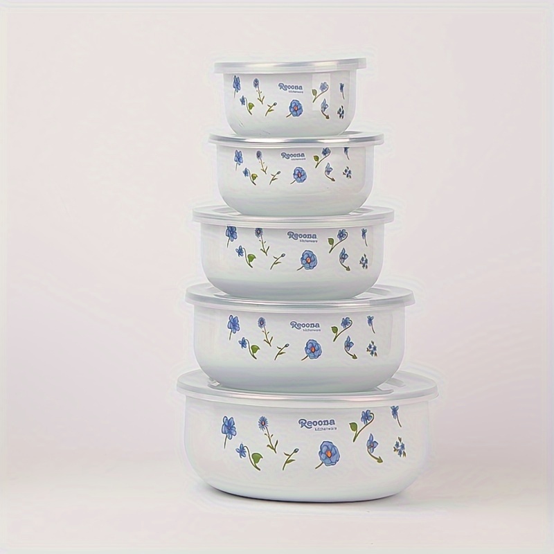 5pcs enamel salad bowl set with delicate strawberry blue floral design food storage containers durable kitchenware home picnic use