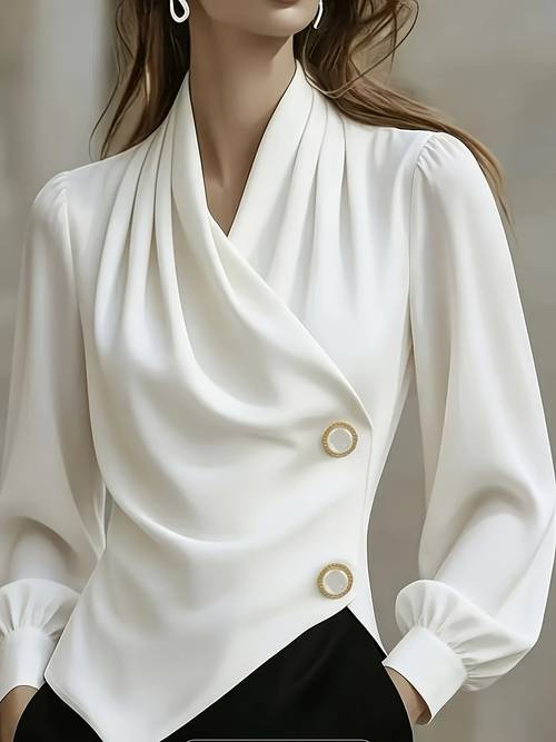 item picture womens elegant easy solid color asymmetrical hem v neck long sleeve with neckline ruffle design exquisite shirt