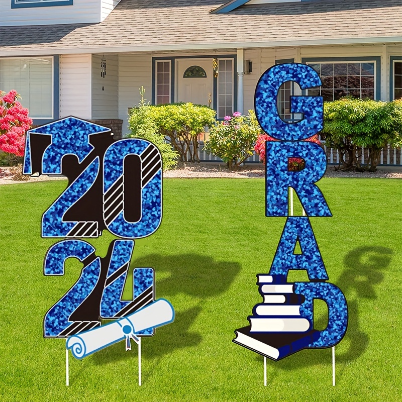 

4pcs Blue ''2024 Grad'' Yard Signs, Glittering Graduation Yard Signs With Stakes Party Outdoor Decorations, Waterproof Lawn Decor, Graduation Party Supplies