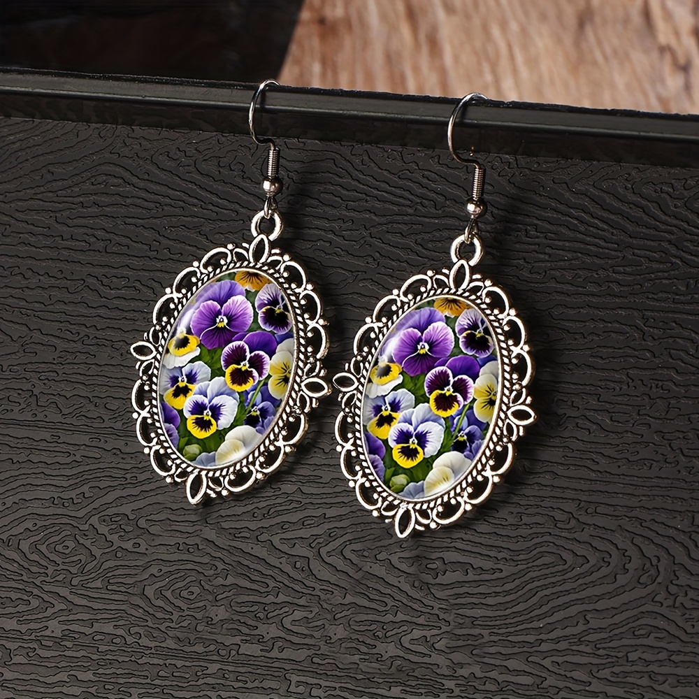 TEMU 1 Pair Pansy Flowers Vintage Earring Glass Dome Dangle Earrings Gift For Friend