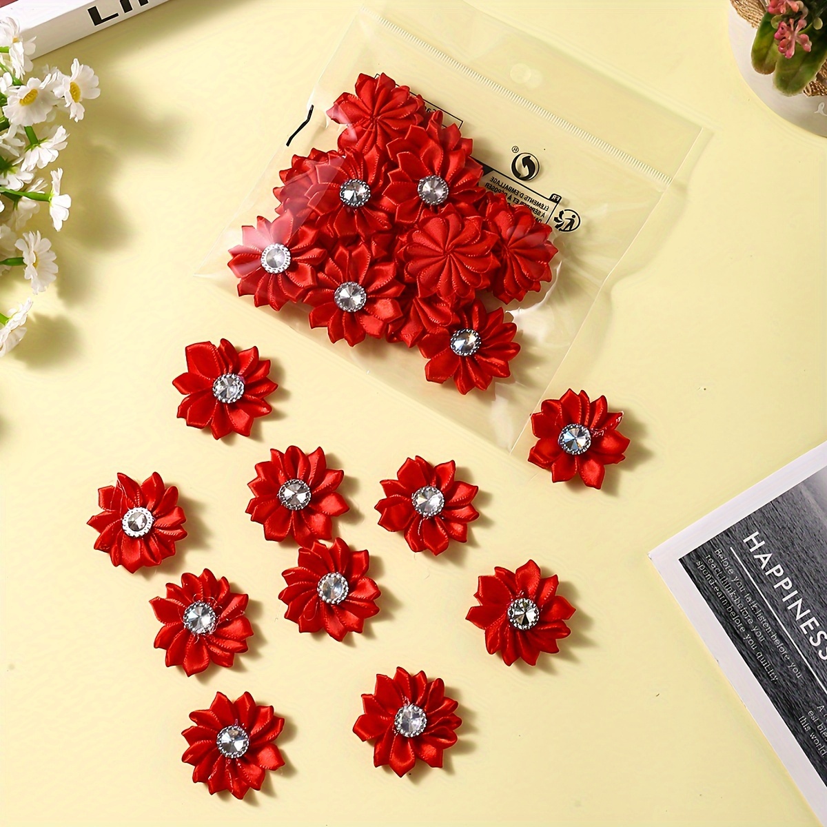 TEMU 15pcs Of Polyester Flowers With Rhinestones, Hand-sewn Multi-angle Acrylic Pointed Lotus Flowers, Fabric Craft Flower Additions With A Diameter