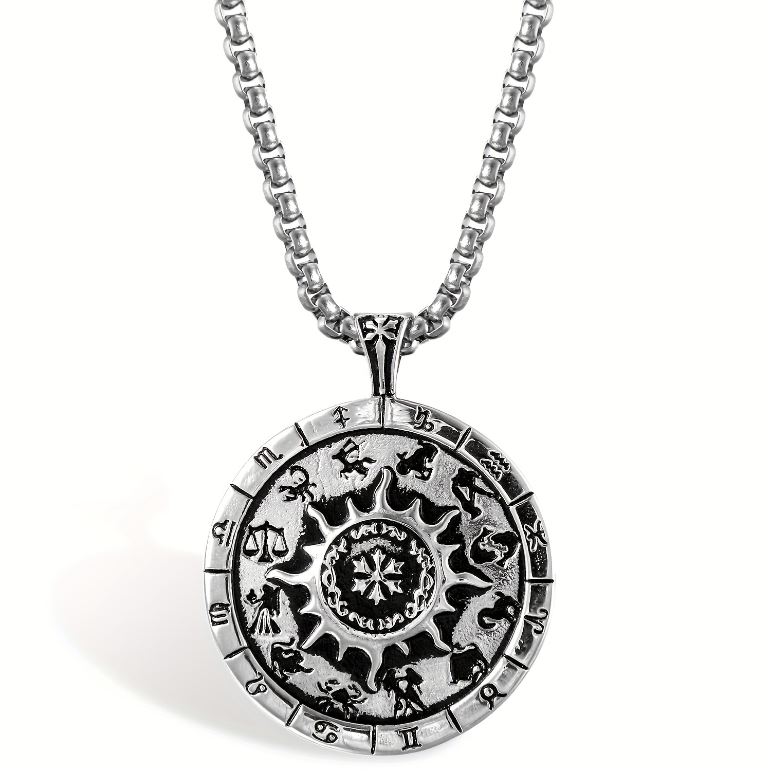Men's Necklace With Retro Compass Pendant Featuring The Zodiac Signs In Stainless Steel