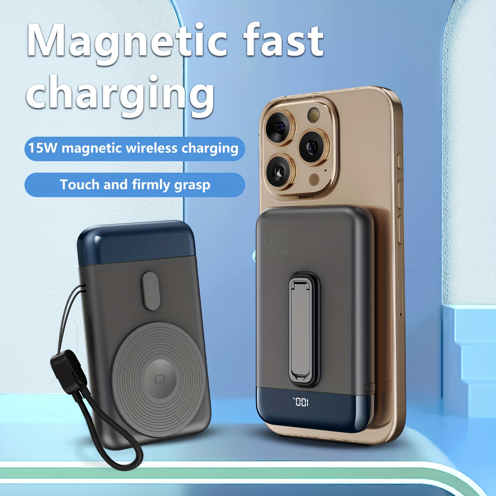 TEMU 10, 000mah Magnetic Power Bank, Ultra-thin Multifunctional Wireless Portable Charger, 22.5w Fast Charging, With Pd Cable And Adjustable Bracket,