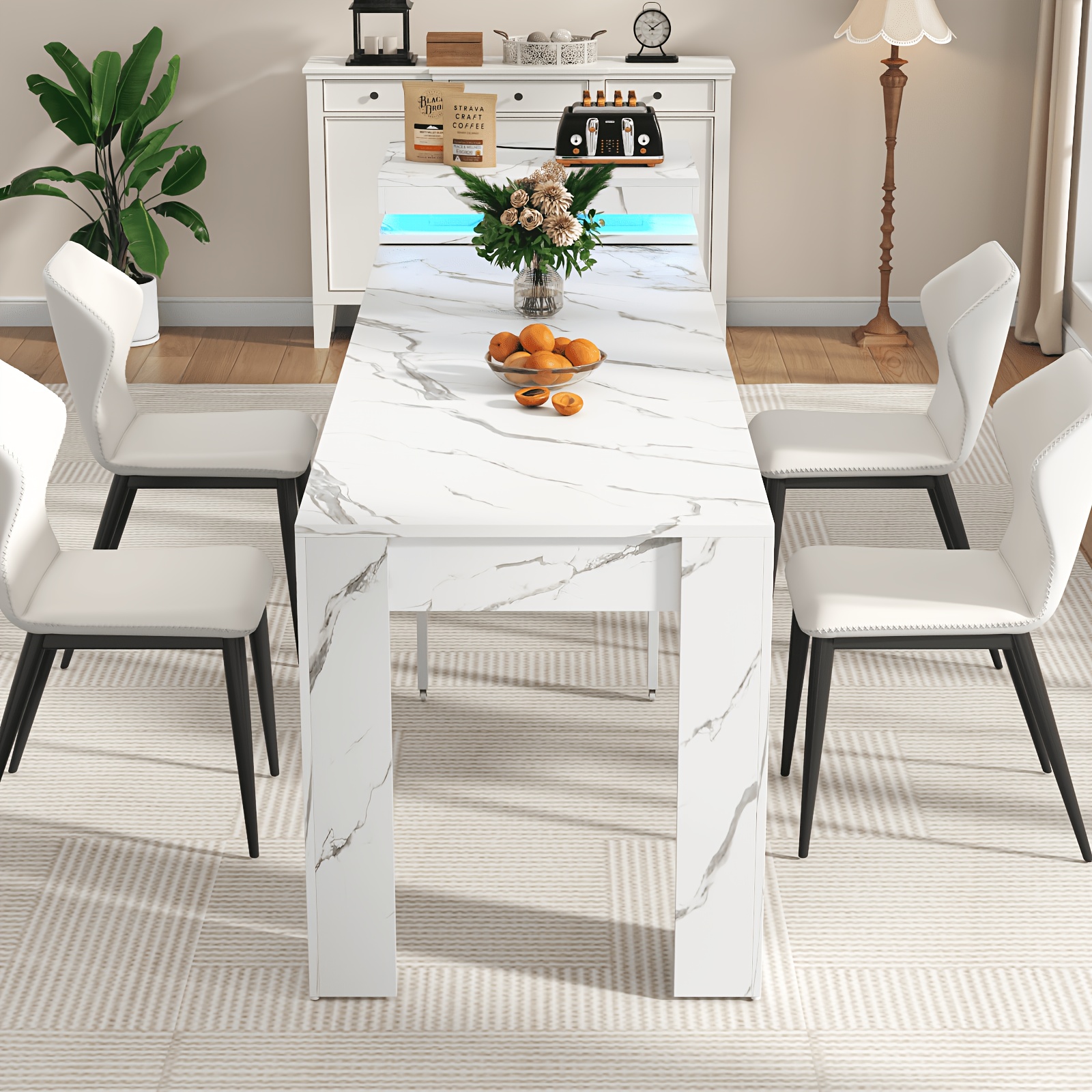 Extendable Dining Room Table with Charging Station & LED Lights, White Faux Marble Table, 19.7