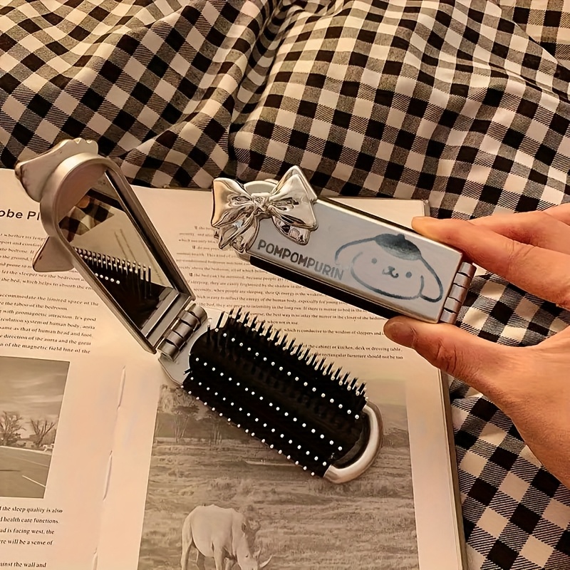 Portable Foldable Mini Hairbrush With Mirror, Plastic Bristles, Abs Handle, Sticker, Suitable For Normal Hairstyles, Travel And Daily Use, Ideal School, Dormitory, Holiday Gift