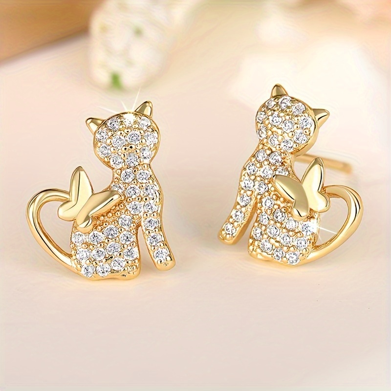 

Sparkling Cat Stud Earrings For Women - Golden-tone Nickel-free Copper With Cubic Zirconia, Cute & Elegant Design, & Parties, Quirky Earrings