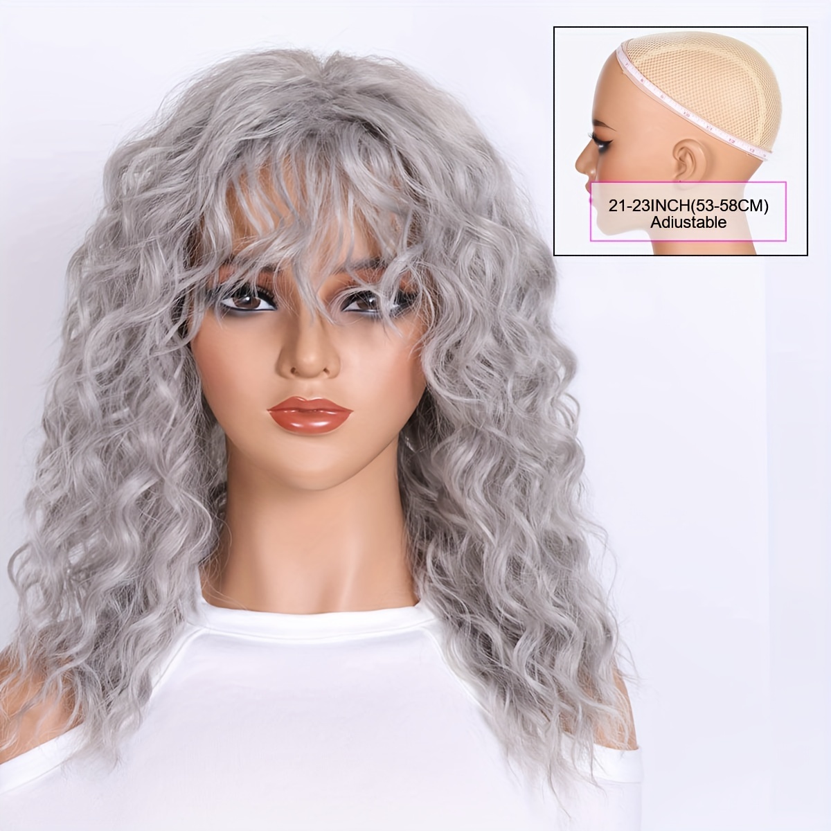 Image of Chic 18-inch Long Curly Wig With Bangs For Women - Heat Resistant Synthetic Hair, Perfect For Daily Wear & Halloween Parties