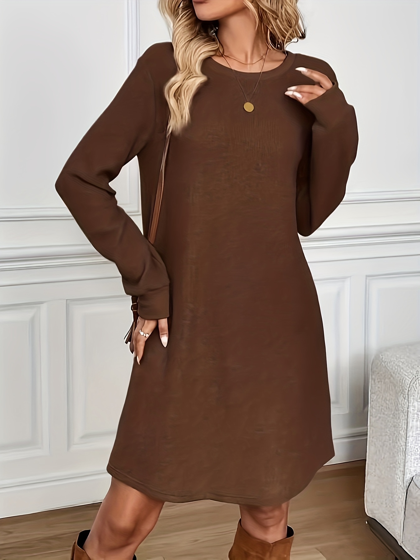 womens elegant brown round neck short sleeve mini dress - Temu Mauritius