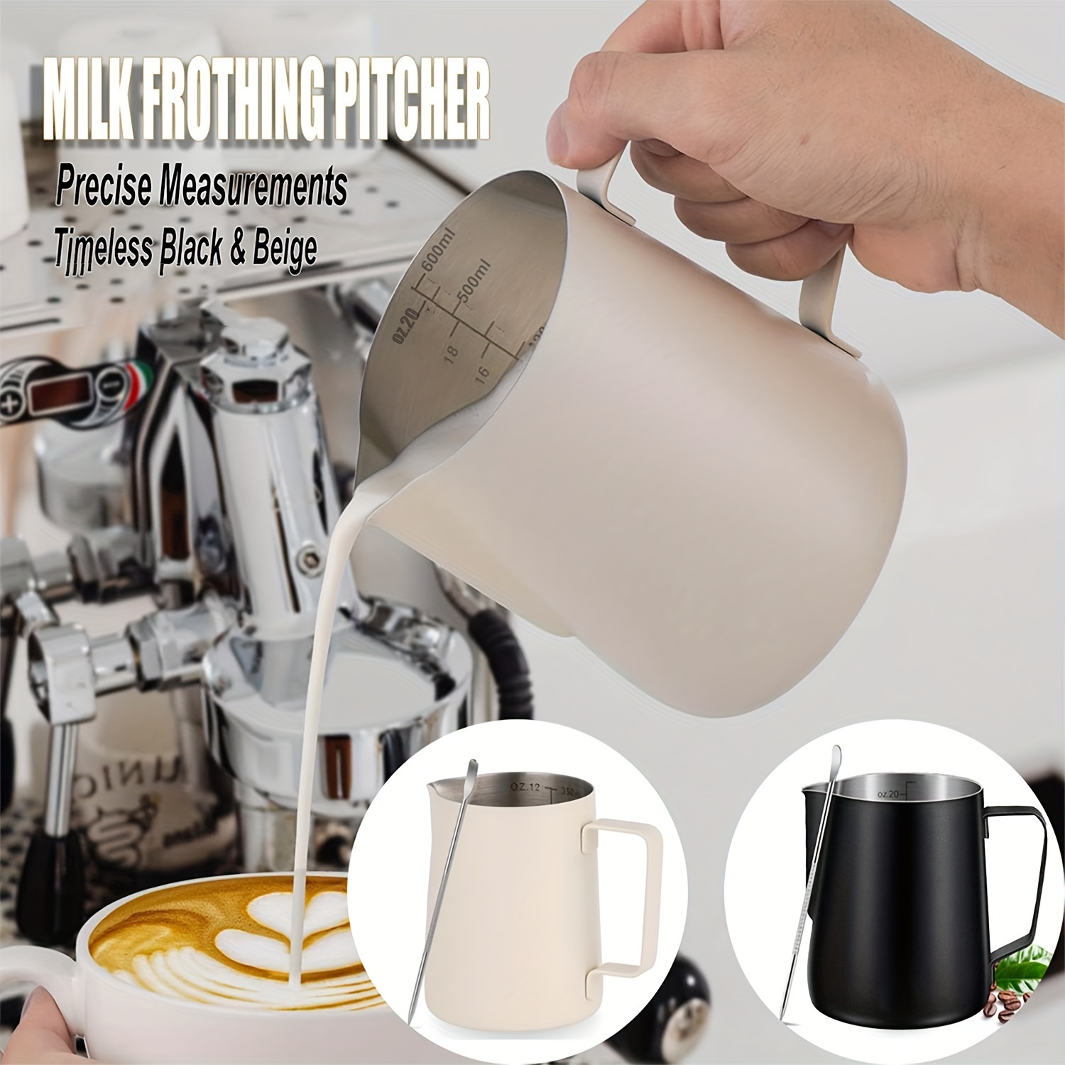 

Stainless Steel Milk Frothing Pitcher Set - 12oz/20oz Milk Frother Jug With Precise Measurements For Coffee, Cappuccino, - Includes Decorating Pen (350ml/600ml)