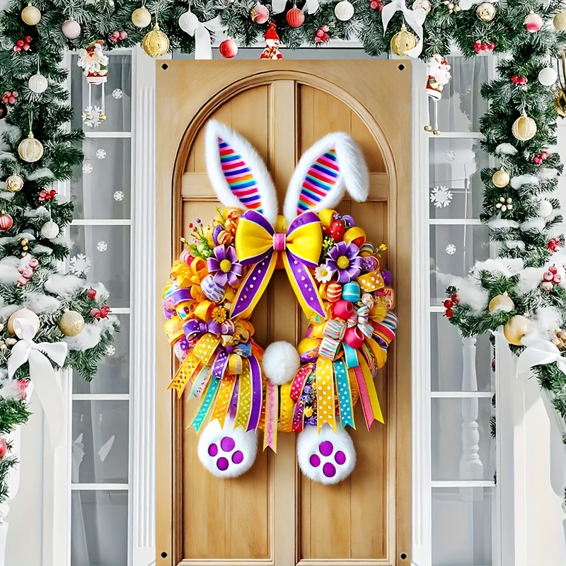 

Easter Bunny Wreath With Bow - Polyester Door Cover & Banner For Indoor/outdoor Decor, Holiday Parties, Christmas, And Home Entrance - 35.43 X 70.86 Inch