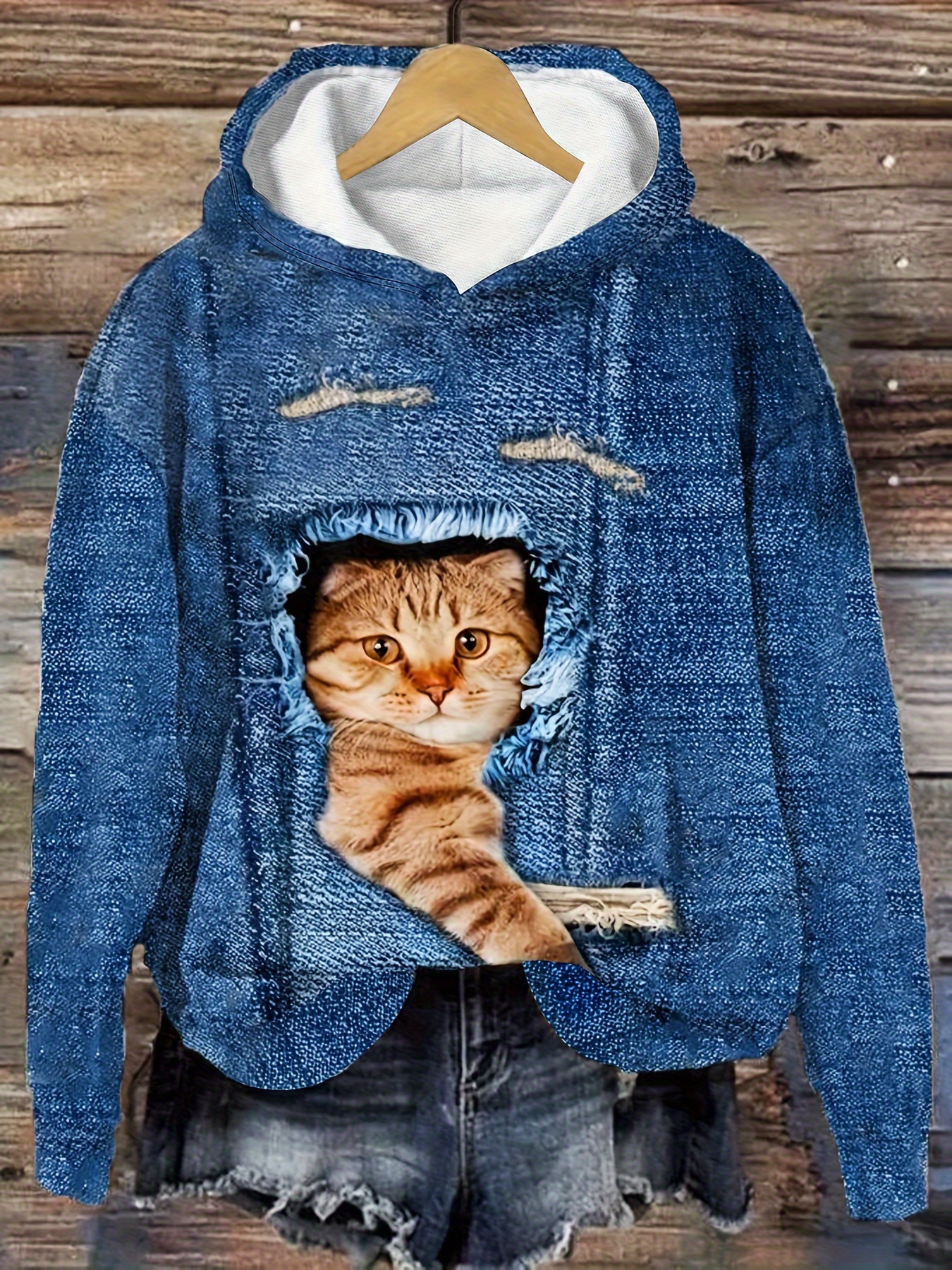 women's plus size denim effect polyester hoodie unique Temu