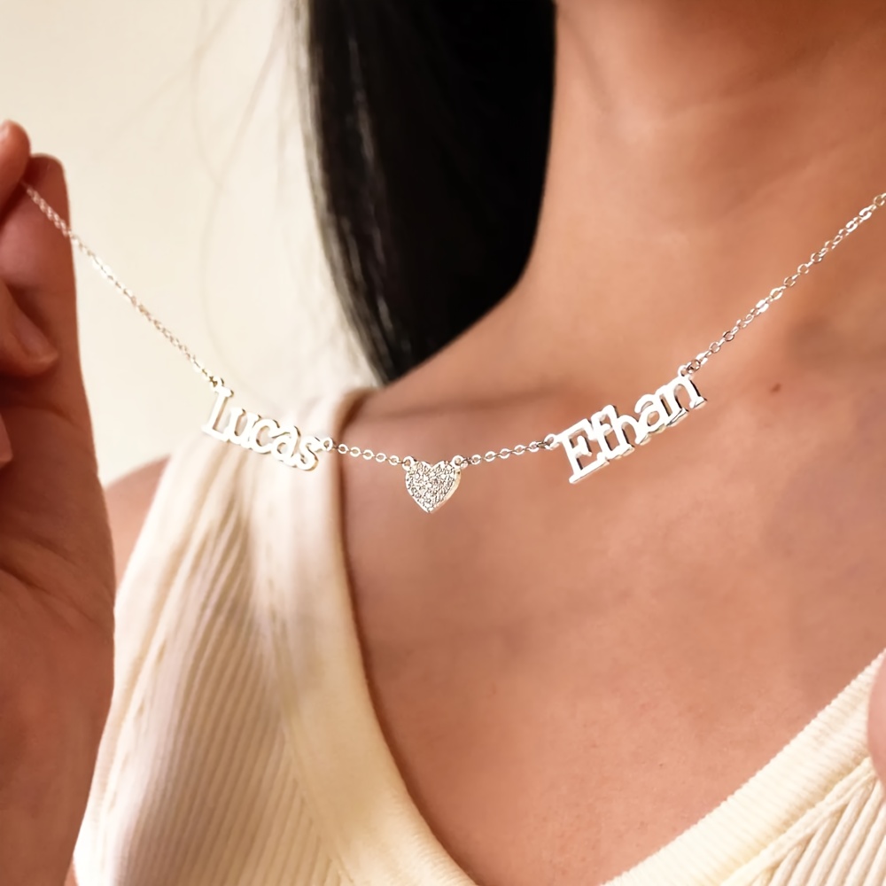 TEMU [customized] Stainless Steel Couple Name Necklace, Composite Cubic Zirconia Heart Necklace, Personalized 2 Nameplate Pendant Necklace, Elegant