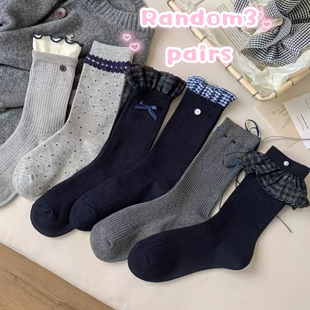 TEMU Random 3-pair Set Of Autumn/winter Cute Girly Long Socks With Lace Trim, Versatile Mid-calf Socks