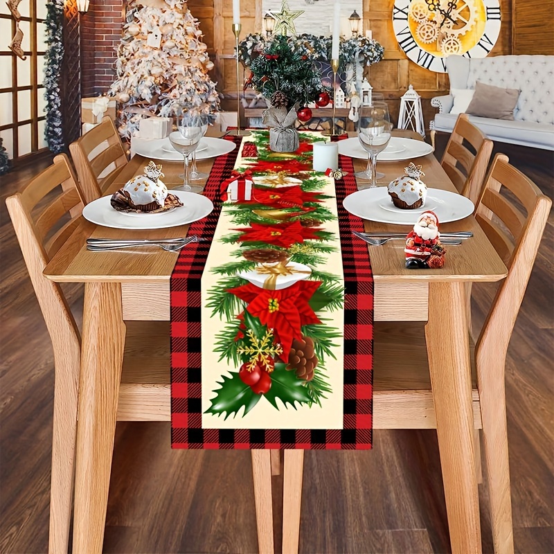 

Christmas Table Runner - Polyester Woven Rectangular Table Decoration With Festive Floral Pattern, Holiday Tabletop Decor, Ideal For Christmas, New Year Home & Party Decorations, 70.87 Inches Long