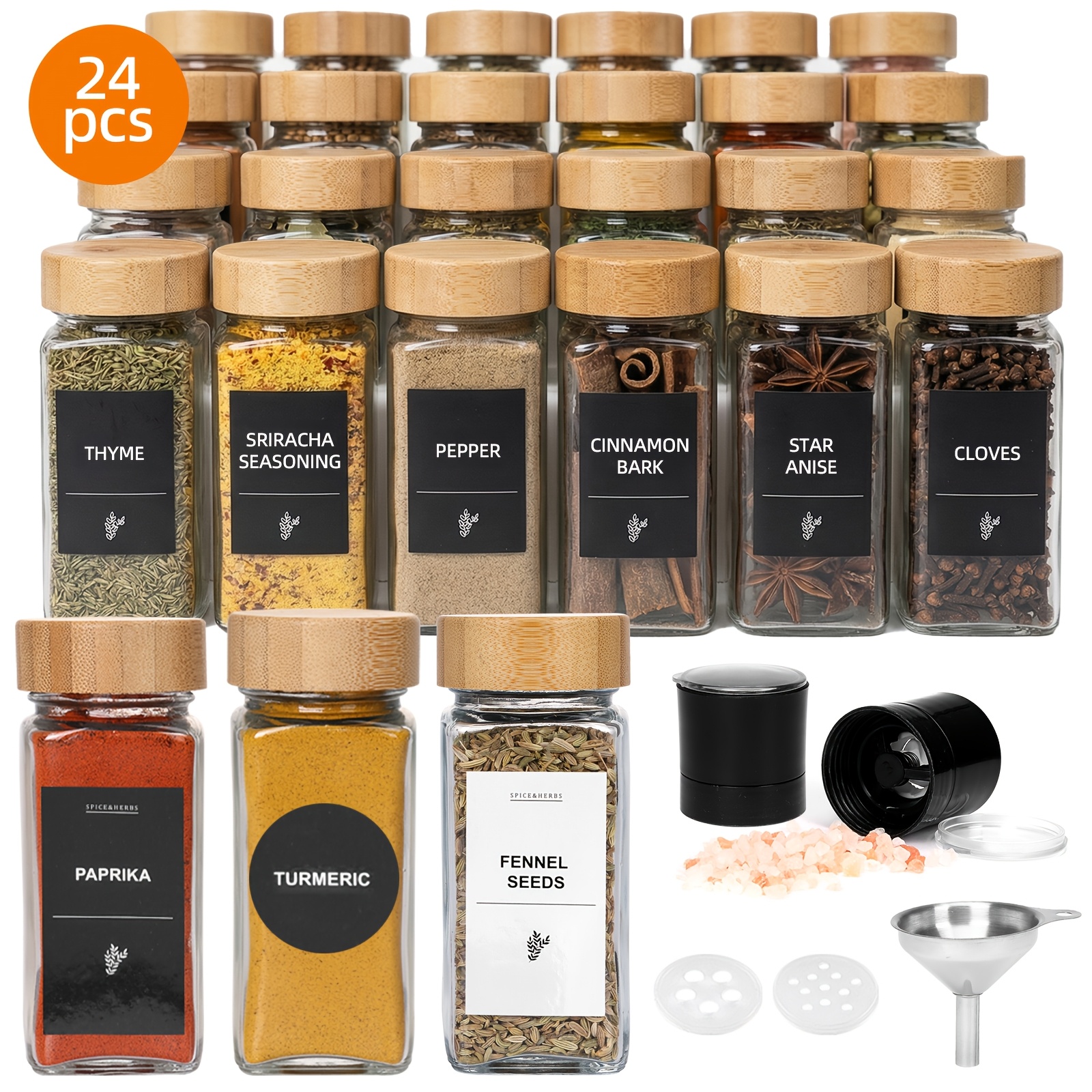 TEMU Tomnk 24pcs 4oz Square Spice Jars With Bamboo , Heavy-duty Reusable Glass Seasoning Containers With Pepper Grinder, Label, Funnel And Shaker
