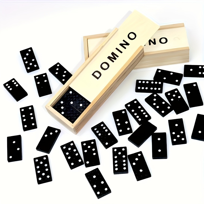 Paquete de 28 piezas de dominó negro en caja de madera, juego de mesa de dominó negro d...