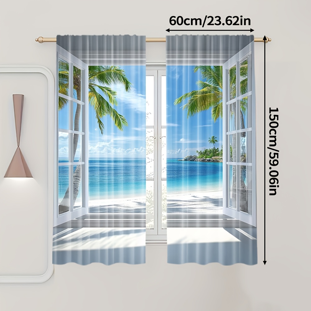 TEMU Ensemble de 2 rideaux légers d'été avec un motif tropical hawaïen de plage (tendeur non , mouvement, piles). Parfaits pour ou .
