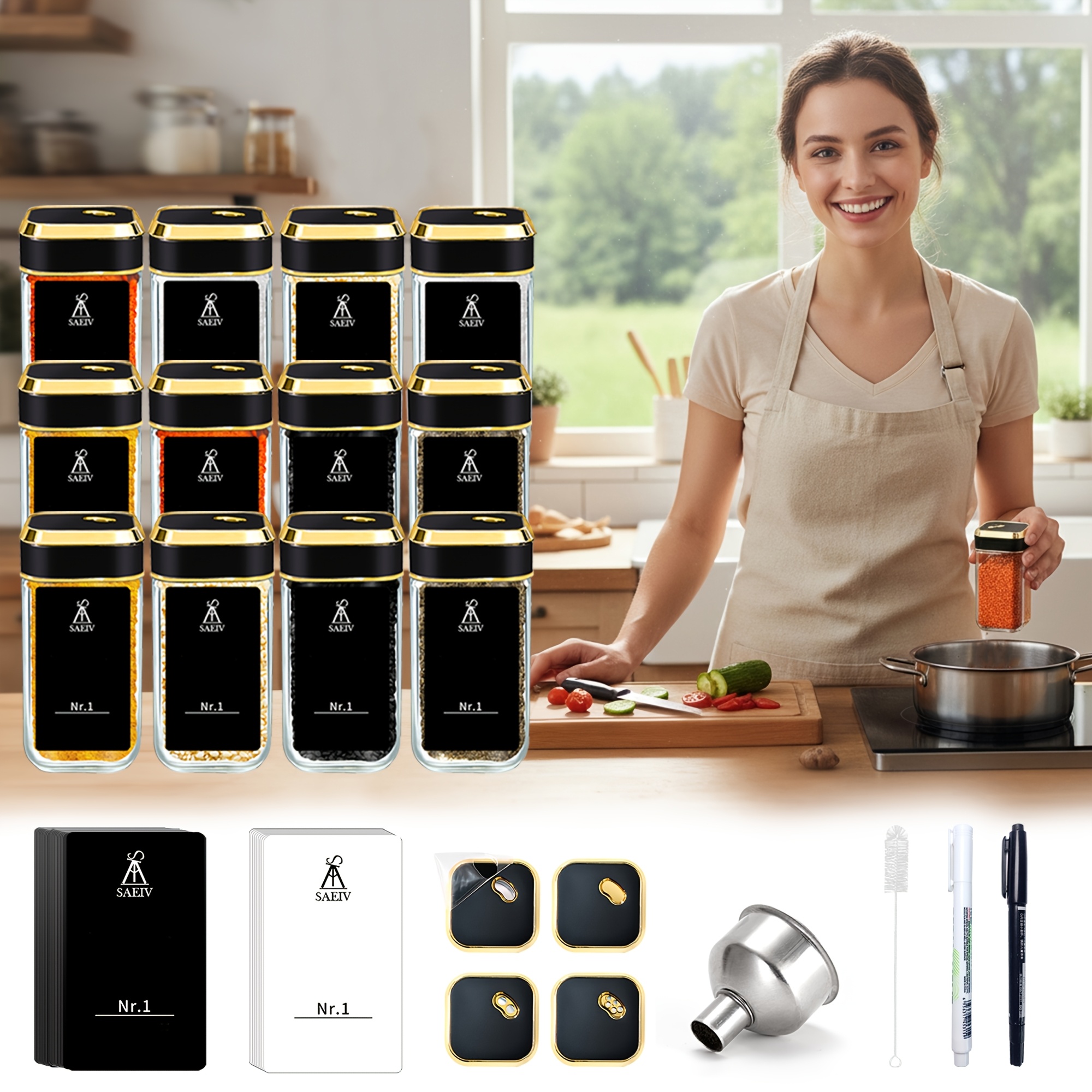 TEMU Saeiv 12/ Glass Spice Jar Set, 120ml Thickened Glass Spice Container Lid Set, Black Golden Spice Storage Jar, Stainless Steel Twist Lock,