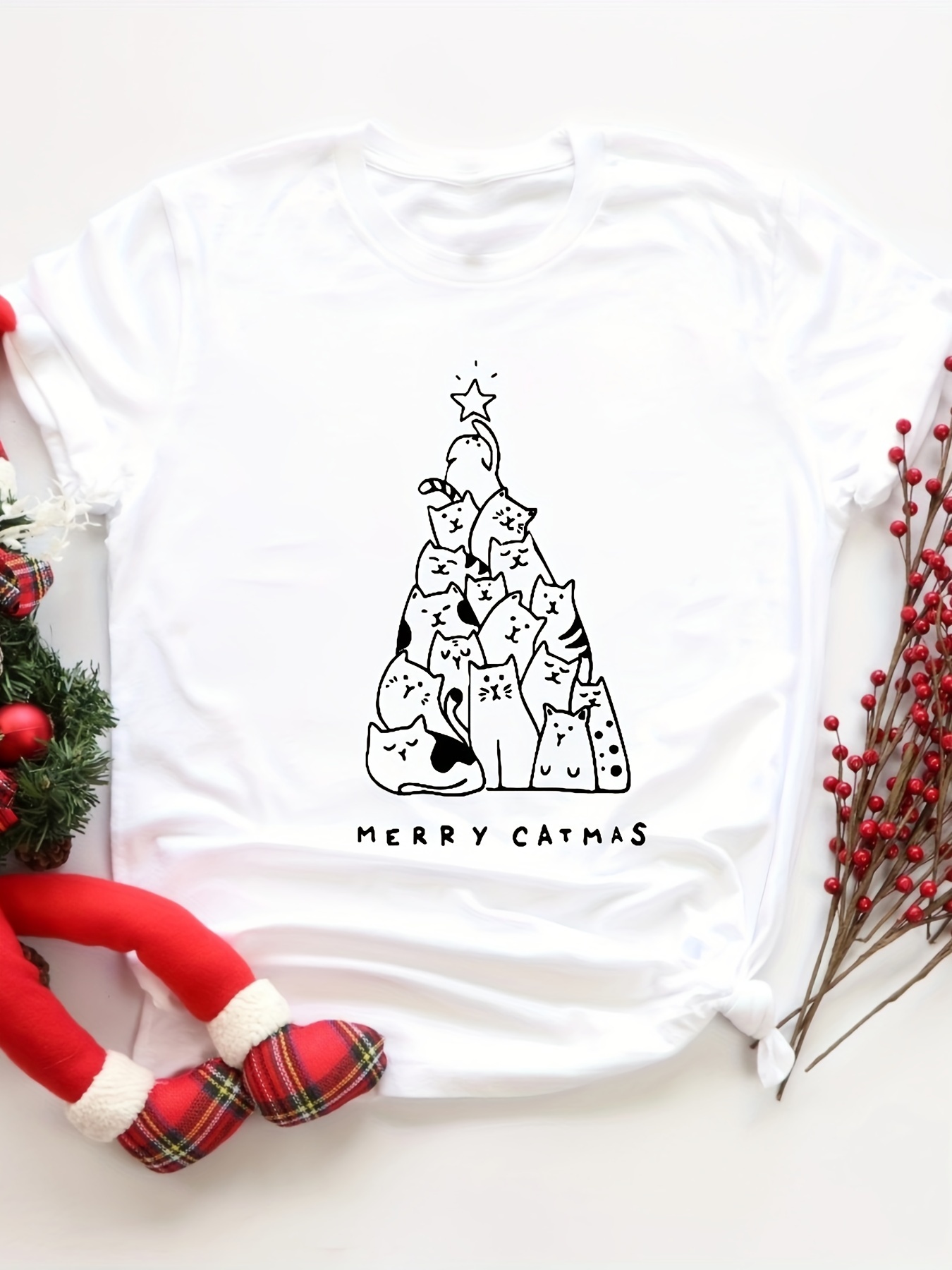 Camiseta &*;* Navidad con Gatos&*; al 100% Diseño Divertido de Vacaciones  con Gatos, Estrellas y Regalos, Camiseta de Manga Corta para Mujer,