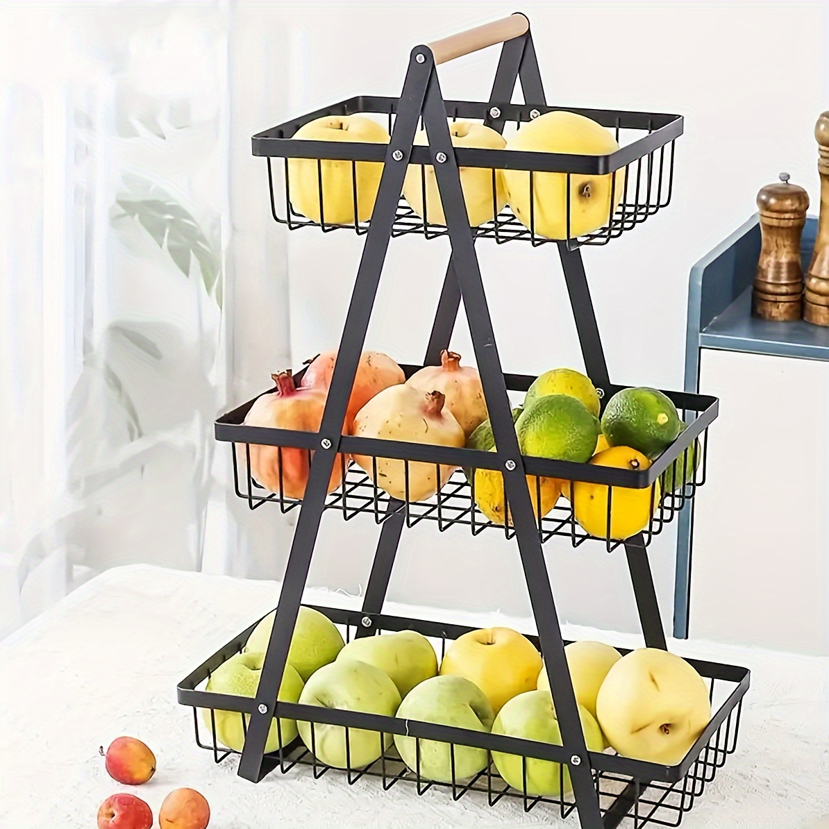 

1pc 2/3 Layers Black Metal Fruit Basket, Countertop Fruit Vegetable Basket, Vertical Fruit Vegetable Storage Rack, Spice Rack Organizer, Perfect For Bathroom And Kitchen