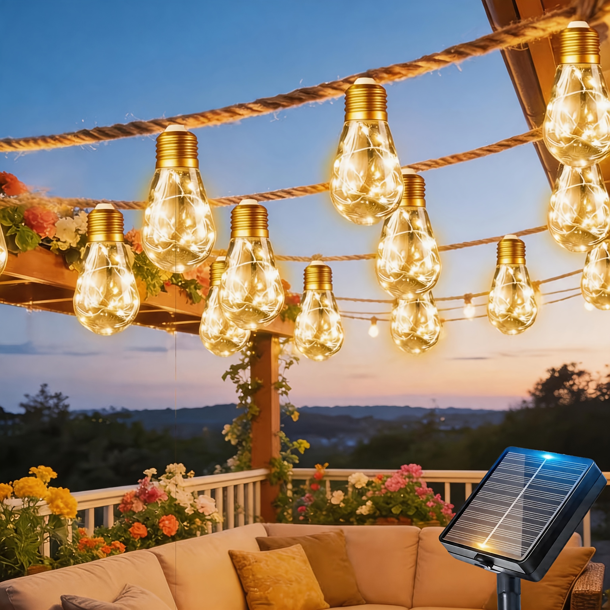 TEMU Solar-powered Outdoor String Lights For Patios, Featuring 24/16/8 Shatterproof Fairy Bulbs, 8 Lighting , An Intelligent Light Sensor, And