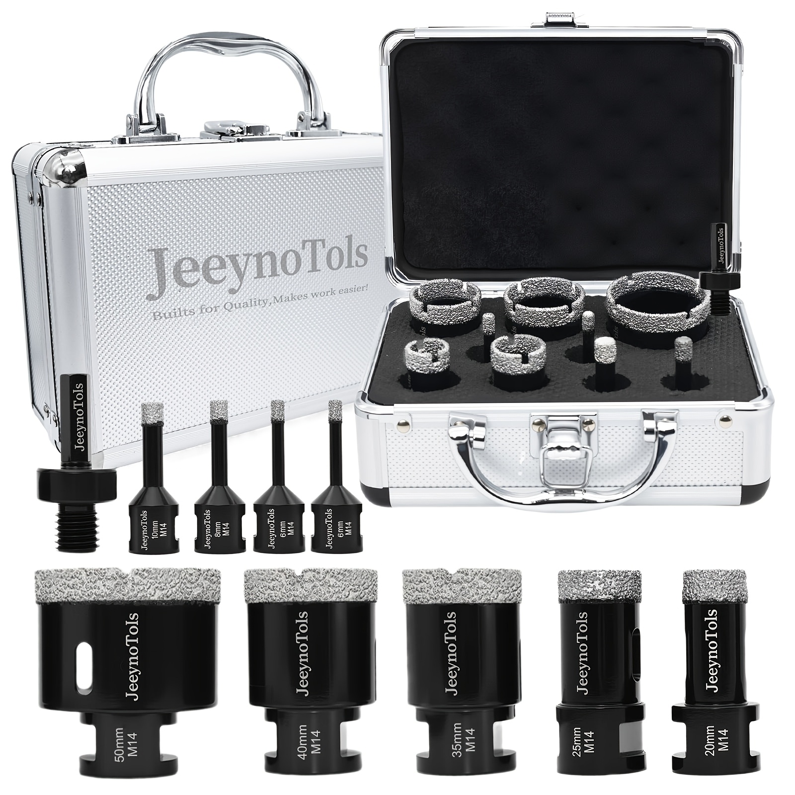 TEMU 10pcs Dry Tile Drill Bits Set, High-quality, Family Daily Used, 6-50mm Drill Bits & Adapter, M14 Thread, Core Drill, Dry Tile Drill, Tool Set,