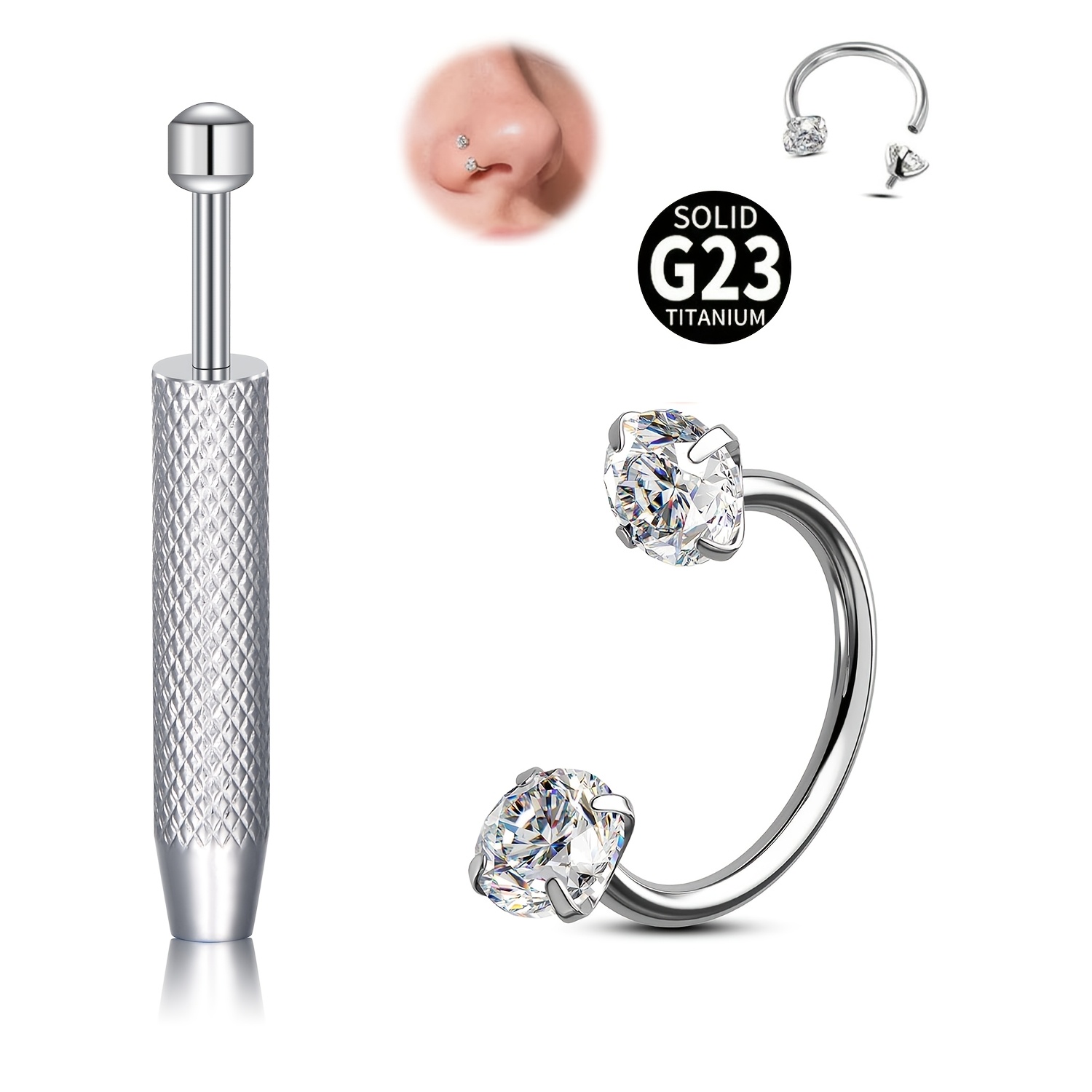 E-shop G23 Titanstahl Hufeisen Nasenring 20G Doppelter Kubischer Synthetischer Zirkonia Nasenring für Frauen 8mm Innengewinde Lippen-Septum Piercing