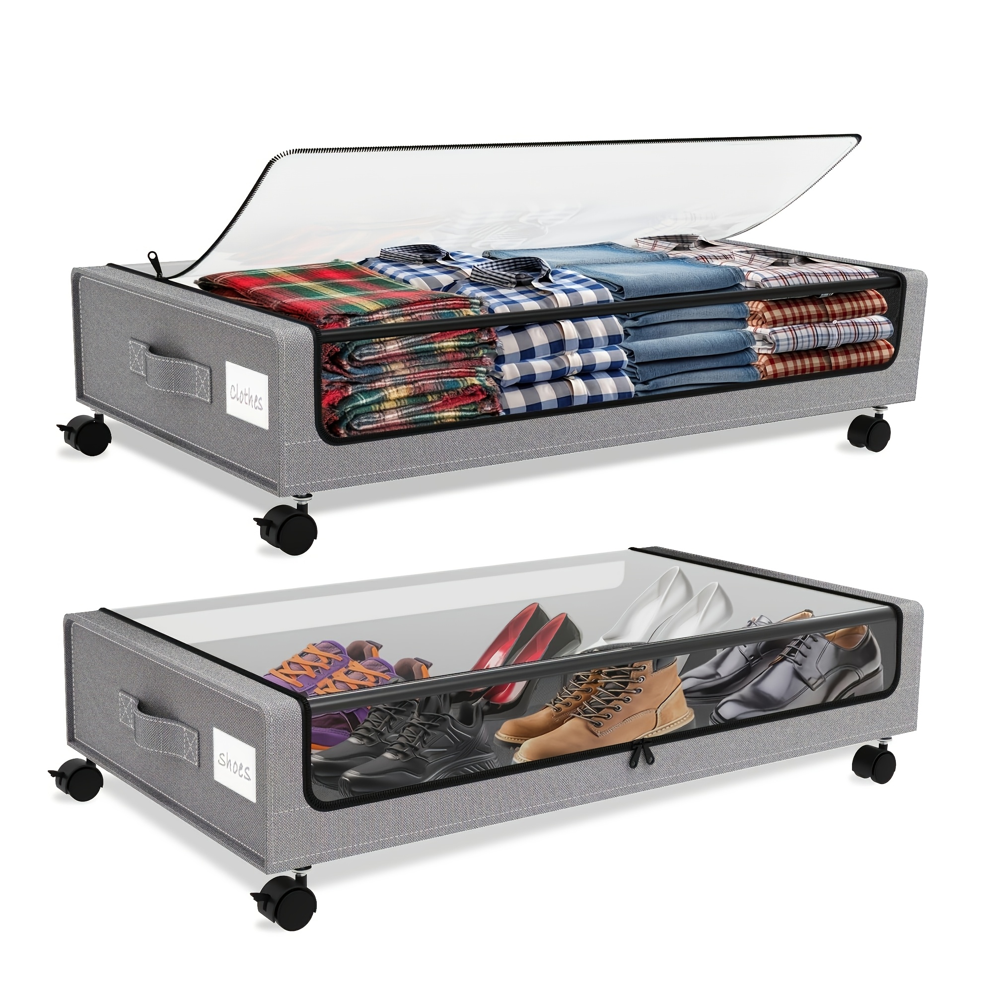 TEMU Under Bed Storage With Wheels, 2-pack Under The Bed Storage Containers With Clear Lids & Label, Underbed Storage Bins, Xxl 70l Rolling Metal