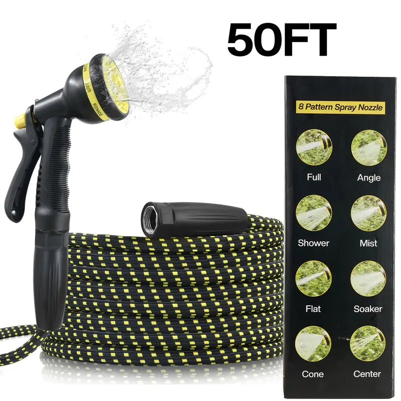 50ft heavy-duty high-pressure heavy-duty garden hose with spray gun & high quality inner tube - lightweight tpe composite, aluminum connectors, nozzle (rain, shower, mist, flat spray, soaker, rinse, wash, jet) - , kink-resistant, -resistant - ideal for car wash, lawn, garden, construction - compatible standard threads Product details 1