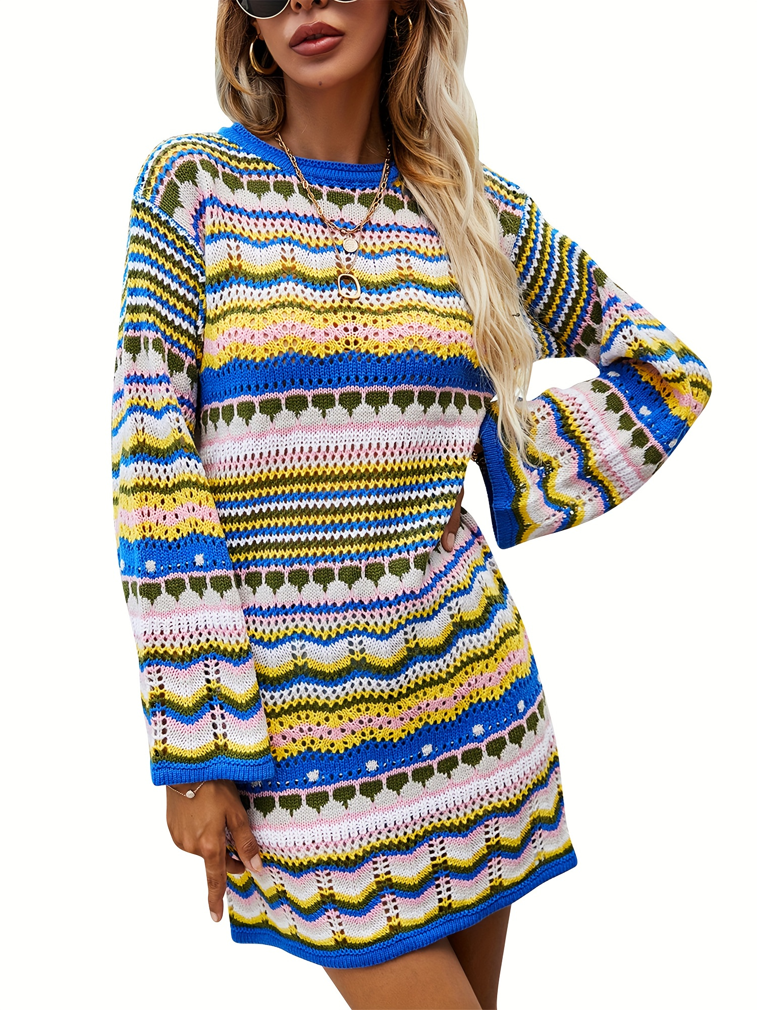 women y2k knit long dress vintage long sleeve v neck tie up knitted crochet  beach dress fall going out maxi dress | Shop Trends | Temu