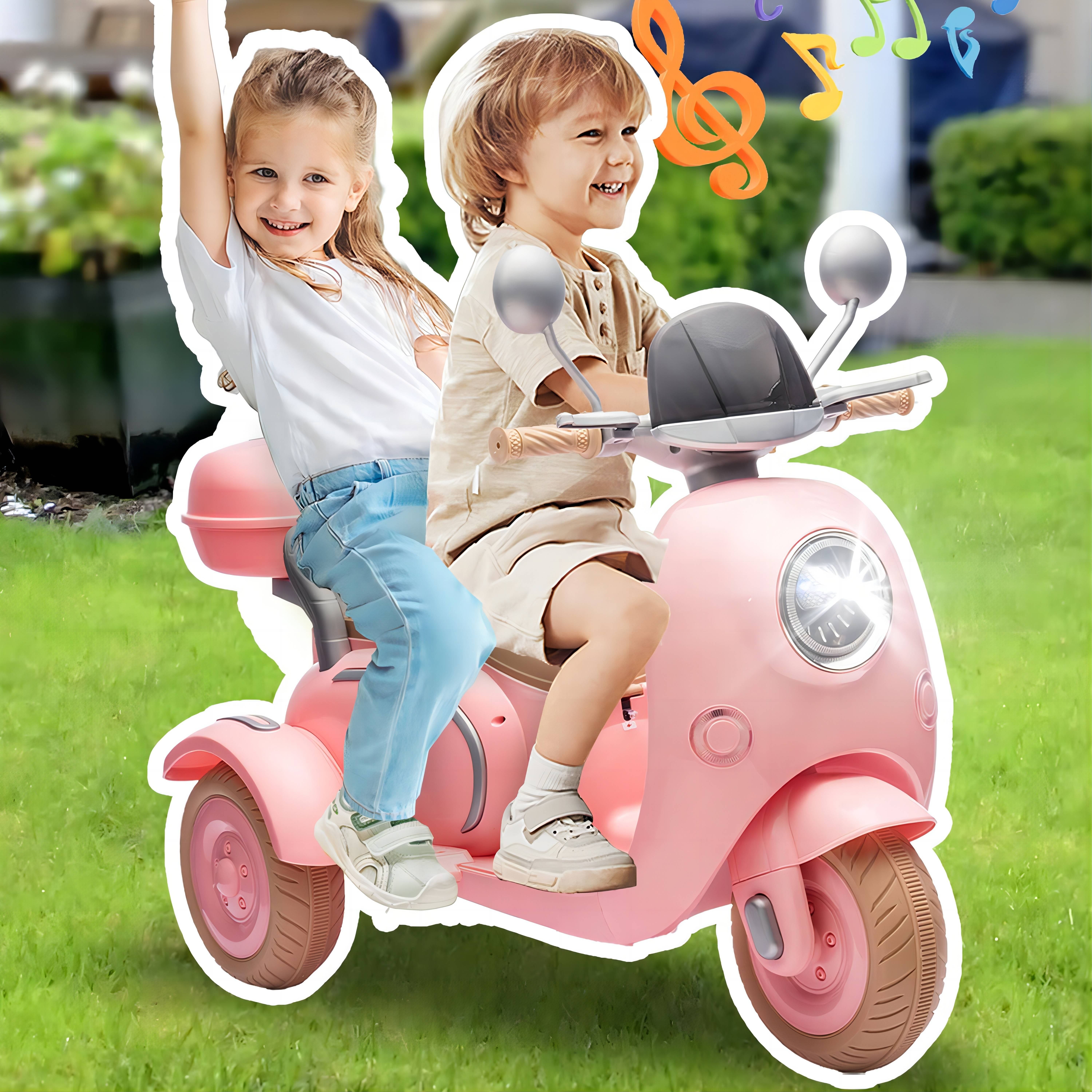 

12v Two-seat Kids Electric Toy Motorcycle, Three-wheeled Children's Toy, Slow Start Multi-functional Player Toy With Usb, Lights & Back Seat, Suitable For Children Aged 3-6