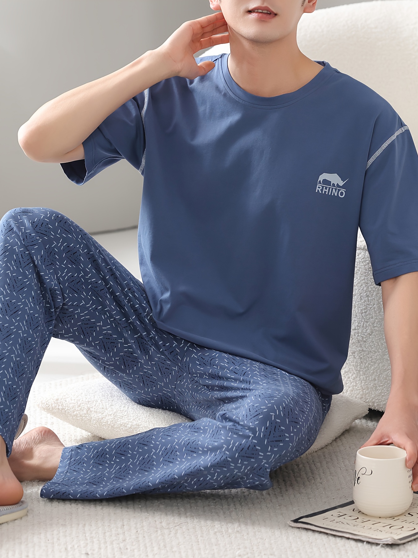 Men's Summer Cotton Pajama Set - Lightweight, Breathable Short Sleeve & Long Pants with Pockets, Casual Round Neck Sleepwear, Plus Size, Home Wear